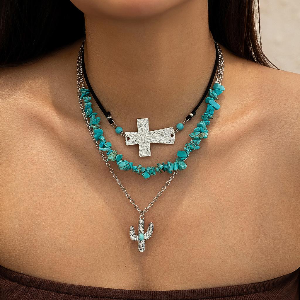 European and American Jewelry Retro Imitation Turquoise Sweater Chain Niche Beaded Necklace Set Ethnic Style Cactus Necklace Decoration