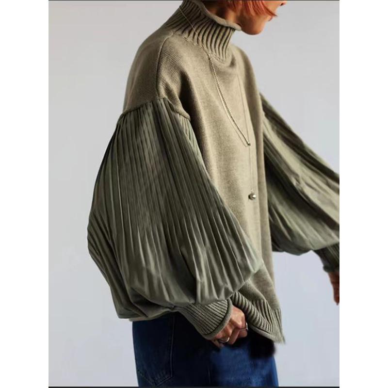 Зимний женский стильный свитер с высоким воротником, пэчворк, повседневный свободный пуловер, рукав «фонарик», женский свитер