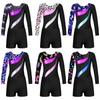 Skating Dance Gymnastics Costume Kids Girls Round Neck Long Sleeve Leotard Jumpsuit and Shorts