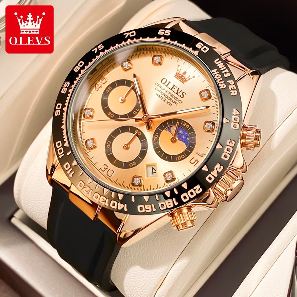 OLEVS Watches for Men Analog Quartz Watch Silicone Diamond Waterproof Luminous Moon Phase Chronograph Watches Relogio Masculino