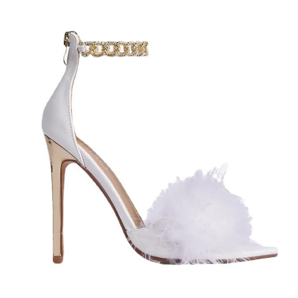 Женские однотонные пушистые босоножки на высоком каблуке с металлической цепочкой, пикантные туфли на шпильке с острым носком