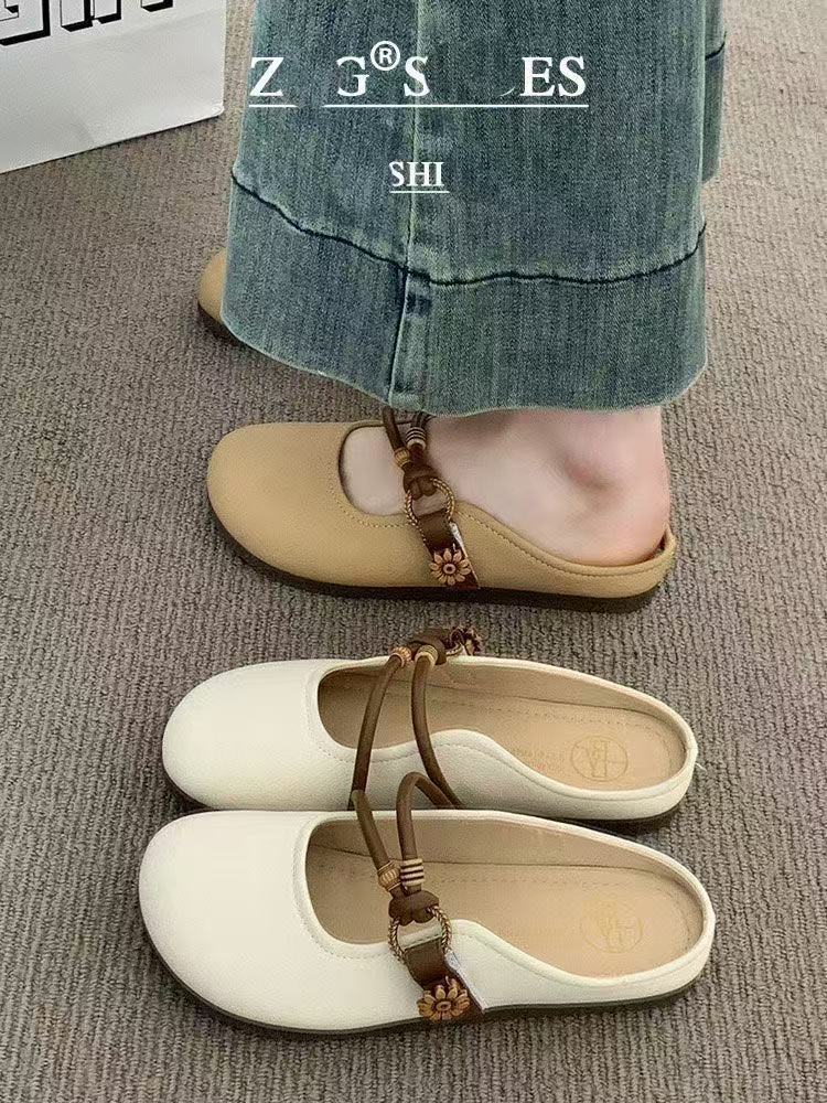 Summer outer wear bag head half slippers women's 2025 new super fire flat bottom one pedal lazy half tray French cool slippers