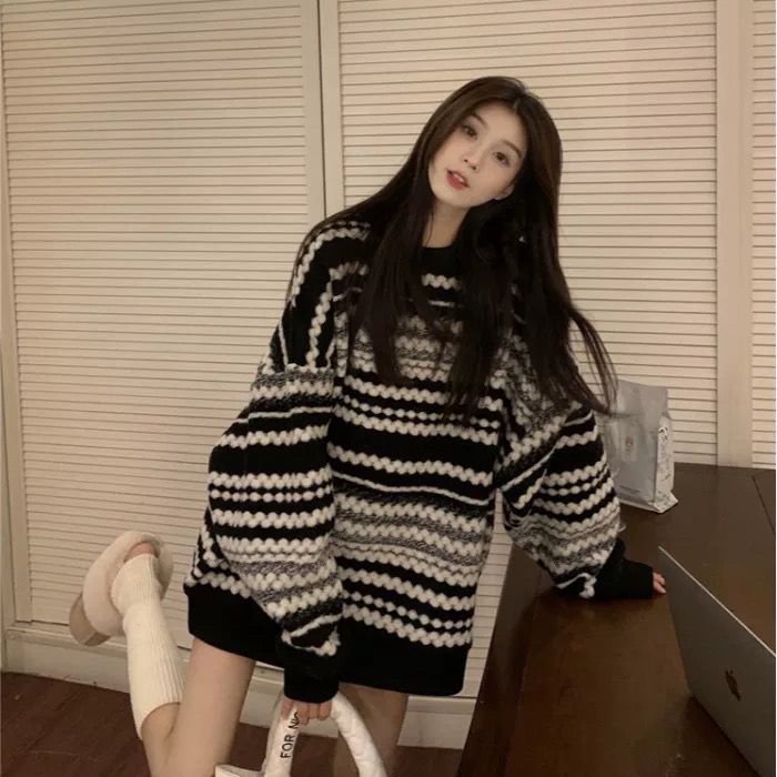 Pullover Stripe Pullover Sweater Women Autumn and Winter New Loose Outwear Oversize Slouchy Top Medium Long Winter Sweater