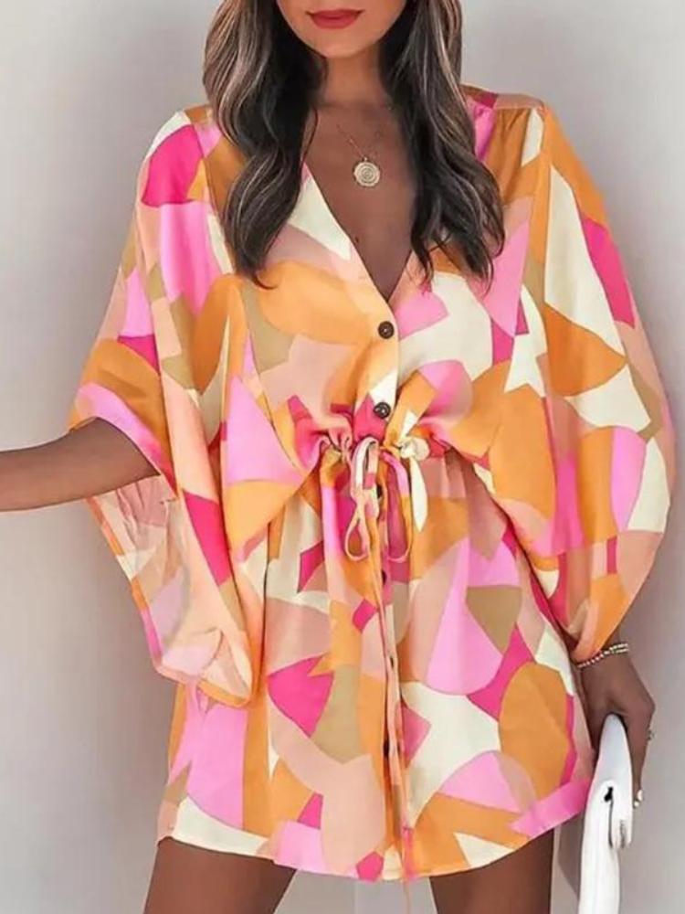 Летнее мини-платье женское с принтом, рукавами «летучая мышь», на шнуровке, с v-образным вырезом, свободные платья на пуговицах, женское пляжное вечернее платье