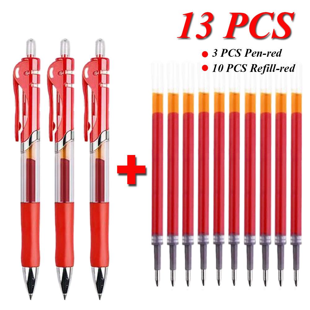 13pcs/set Ballpen Retractable Gel Pens Black/red/blue Ink Large Capacity 0.5 Mm Replaceable Refills Office & School Stationery
