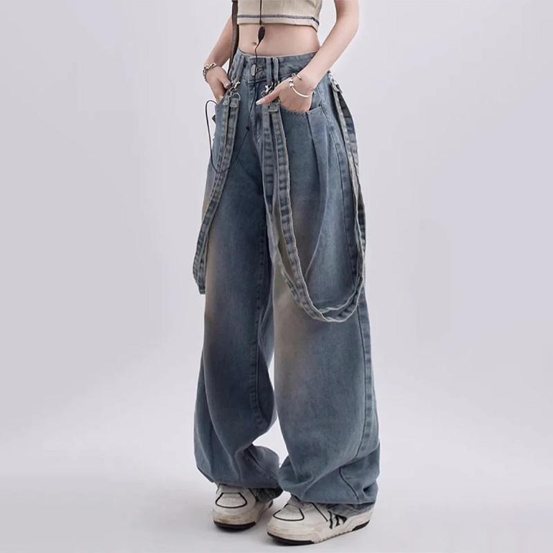 90s Vintage Blue Jeans Women Y2K Korean Fashion Retro Wide Leg Overalls Oversized Harajuku Hippie Streetwear Denim Pants
