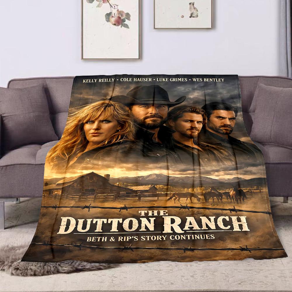 Plush Printed Blanket Yellowstone Dutton Ranch TV Poster Cast Cowboy Hat Ranch Barn Horses Mountains Barbed Wire Neo Western Art Gift