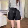 Women's High-Waist PU Leather Shorts - Spring/Autumn 2023, Loose Wide-Leg, Black A-Line, Outerwear.