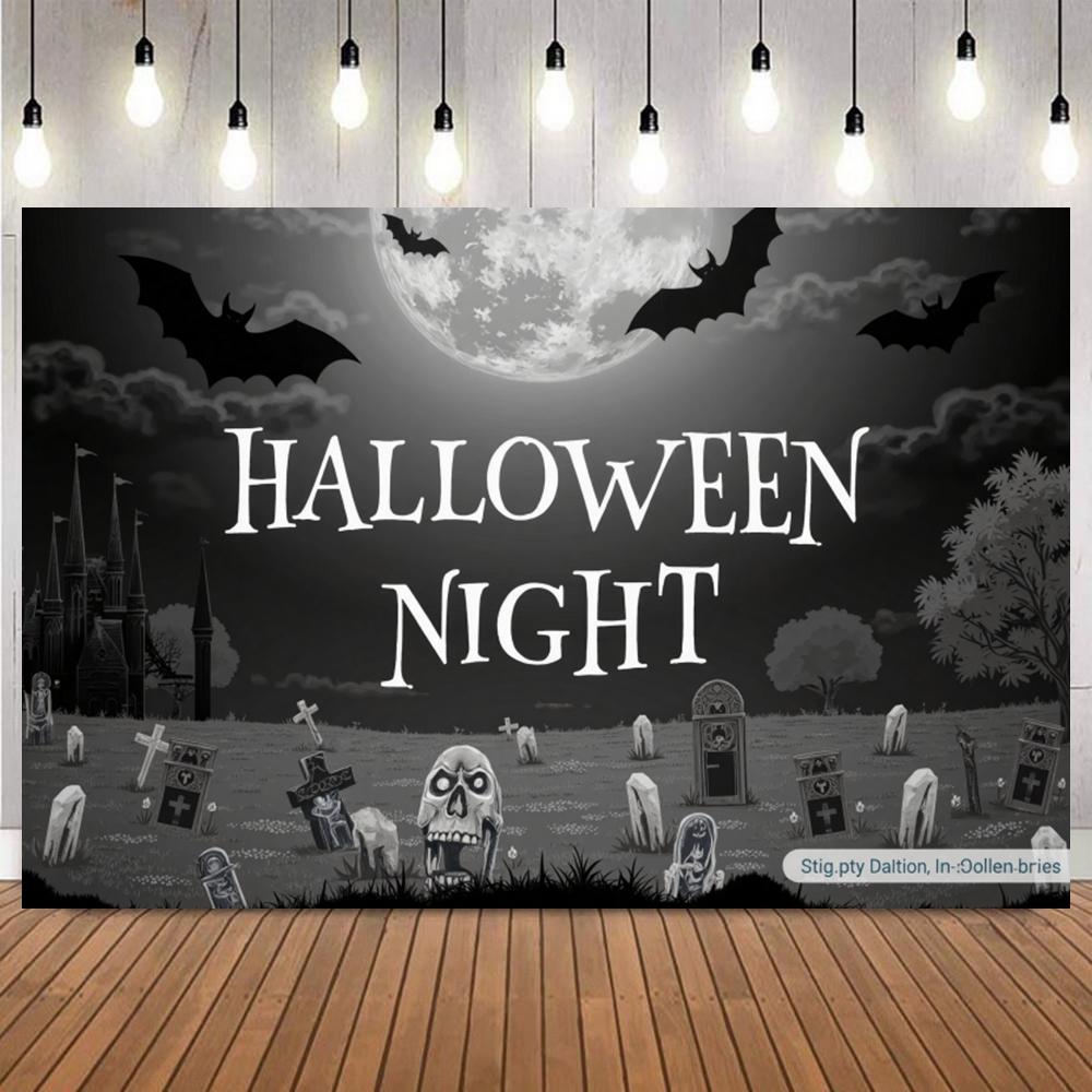 Background for Halloween Photography Full Moon Night Skull Bats Castle Fog Desolate Cemetery Themed Party Photo Backdrop Props11
