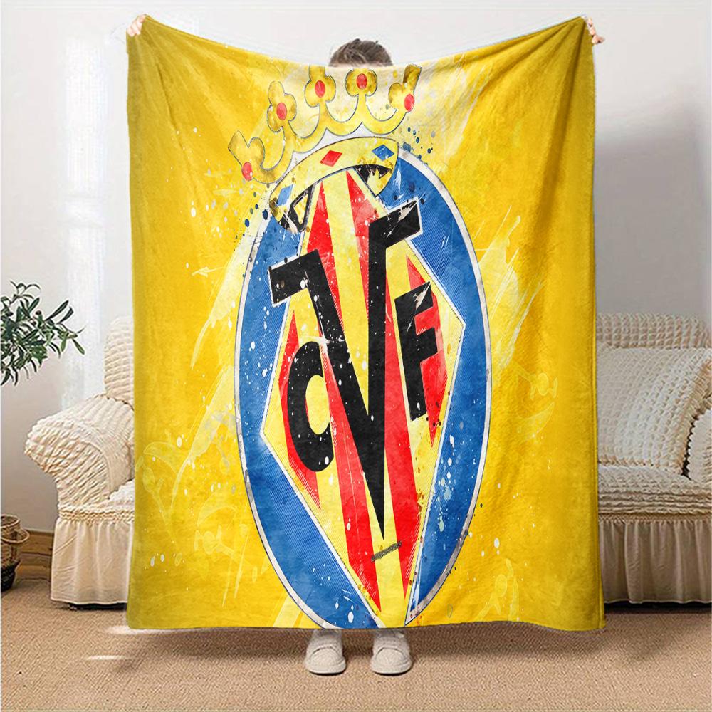 Club Vill-arreal Crest Design Flannel Blanket, Soft Polyester, Modern Design, All-Season for Camping, Travel, Gifts for holidays or birthdays