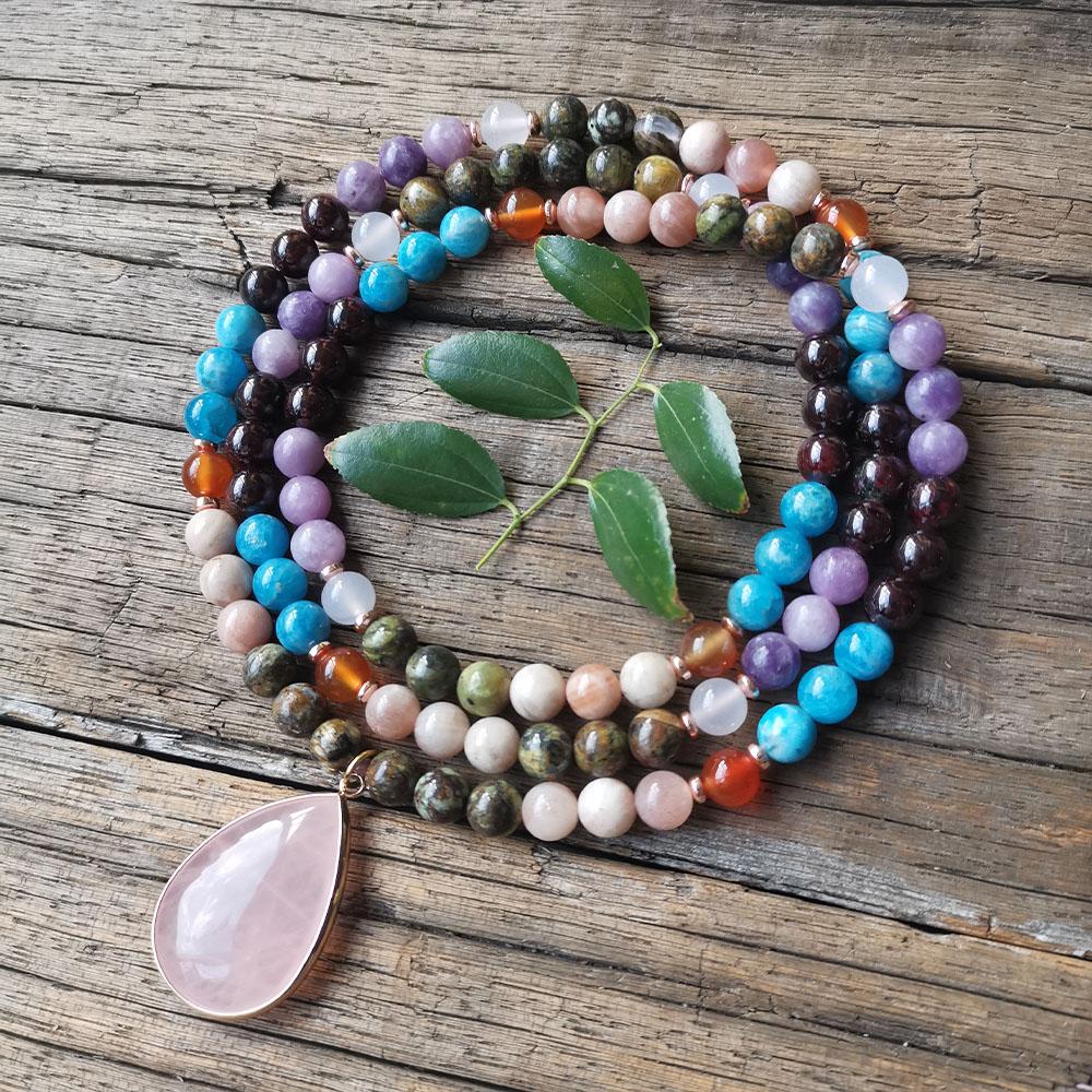8mm Garnet,Apatite Stone Beads,Rose Quartz Pendant,Charm Bracelet,Rainbow Chakra Mala Bead Necklace,108 Mala Beads,Yoga Gift