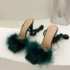Summer Green Shoes Sandals Fashion Furry Cross -Tied Women Pumps Sexy Lace -Up Party Dress Ladies 11cm Strange High Heels