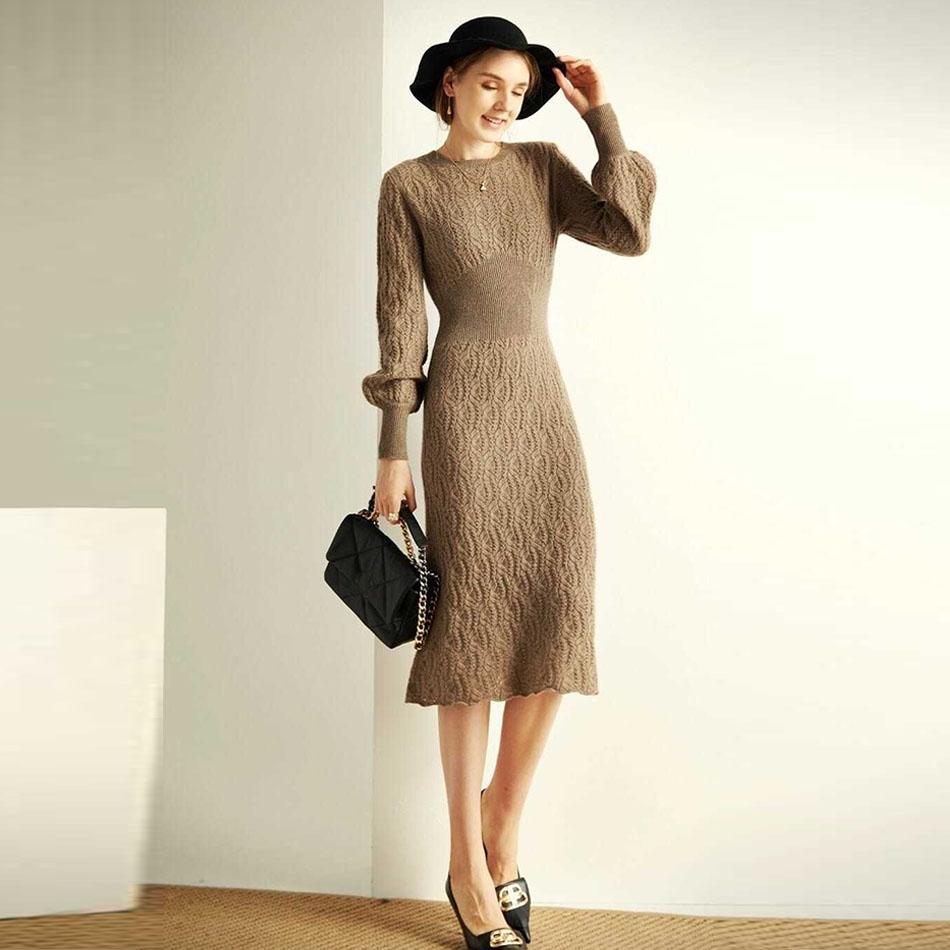 Осенне-зимнее жаккардовое трикотажное платье с рукавами-фонариками в стиле ретро, женское платье средней длины с талией и запахом, свитер трапециевидной формы, платье выше колена