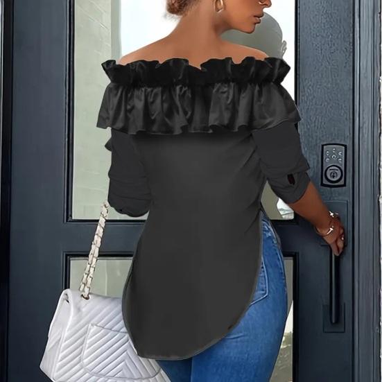 Женская рубашка с открытыми плечами, оборками и длинными рукавами, однотонная однобортная повседневная рубашка