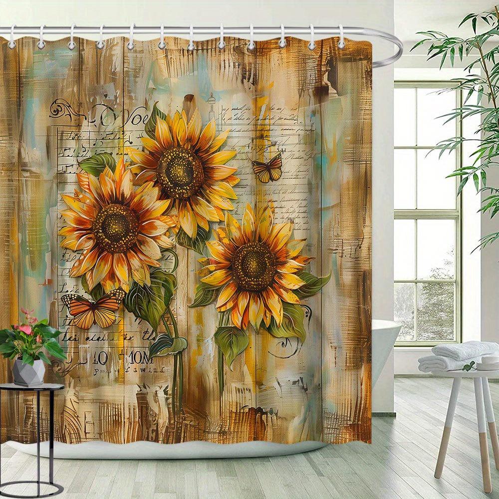 Sunflower Countryside Shower Curtain - Three Golden Sunflowers & Butterfly Pattern, Scenic Beauty, Polyester Bathroom Decor