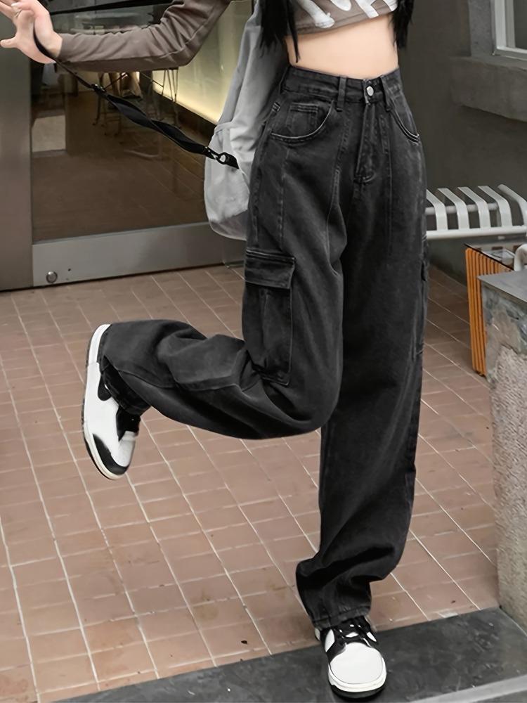 Простые свободные джинсы-карго с боковым клапаном и карманом, удобная уличная одежда с высокой талией, джинсовые брюки Y2K Kpop, женские джинсовые джинсы и одежда