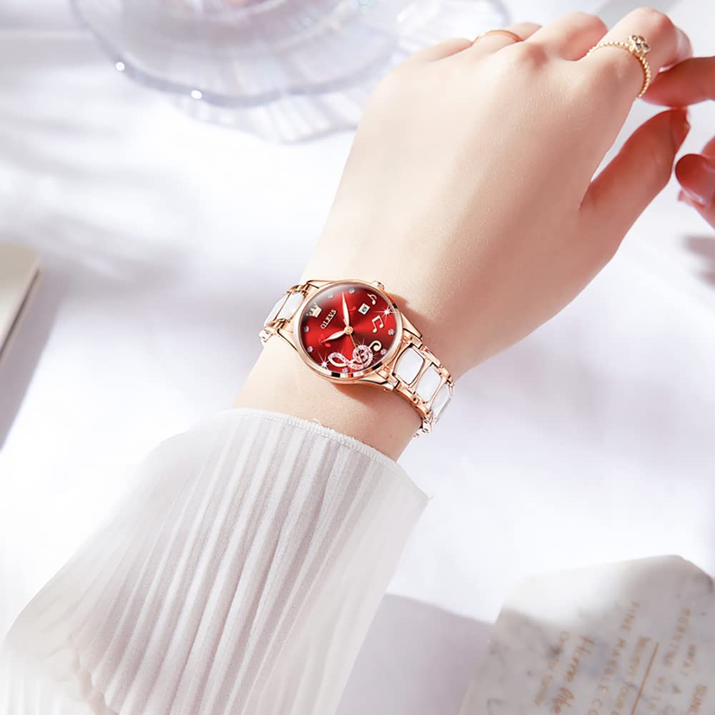 OLEVS Easy to Japanese Day Gift женские часы, стильные, читающие, с механизмом, популярные, симпатичные, с датой, светящиеся, водонепроницаемые, на День святого Валентина (Музыкальная нота красная-3605)