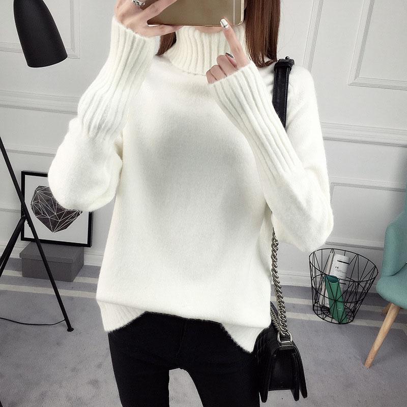 Осенне-зимний женский свитер, рубашка с длинным рукавом, свободный свежий пуловер с высоким воротом, вязаный свитер