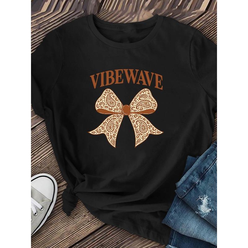 Women'S Bow "VIBE WAVE" Letter Print Short-sleeved Shirt Moderate Elasticity, Machine Washable, Crew Neck, Regular Fit, Summer 2026 New Style