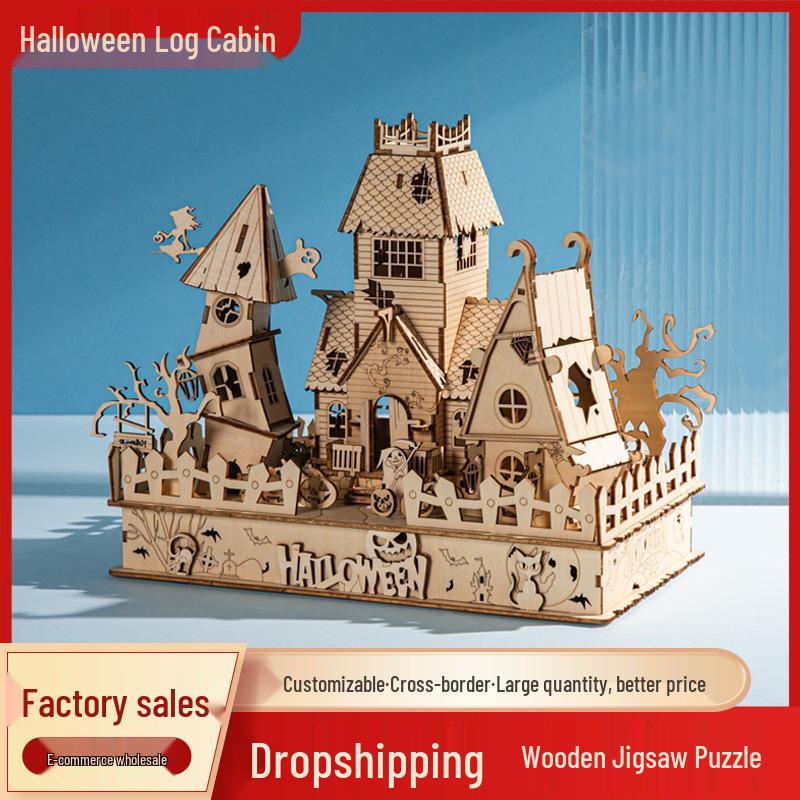 3D Stereo Wooden Halloween House Puzzle - Educational DIY Toy for Kids