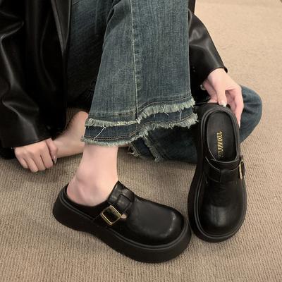 Кожаная сумка голова полутапочки женские для улицы осень новая обувь на платформе-маффин повседневная юбка одинарная обувь