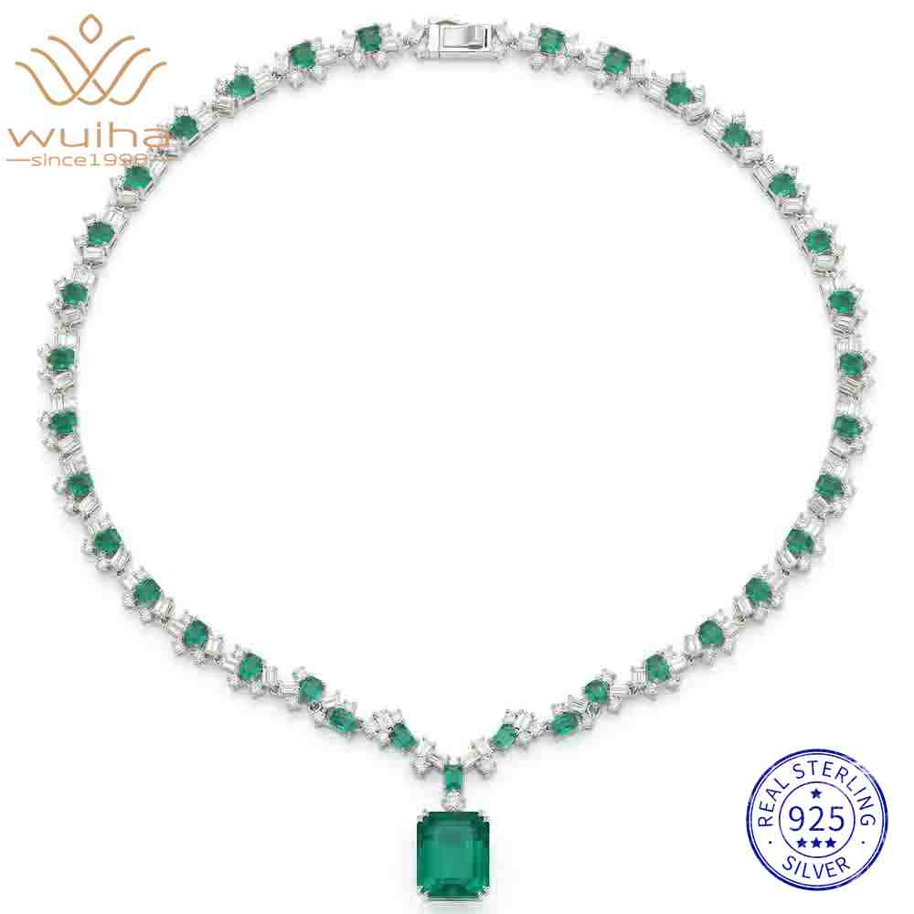 WUIHA Vintage 925 Sterling Silver 10 * 12 MM Emerald High Carbon Diamond Gemstone Wedding Cocktail Pendant Necklace Fine Jewelry