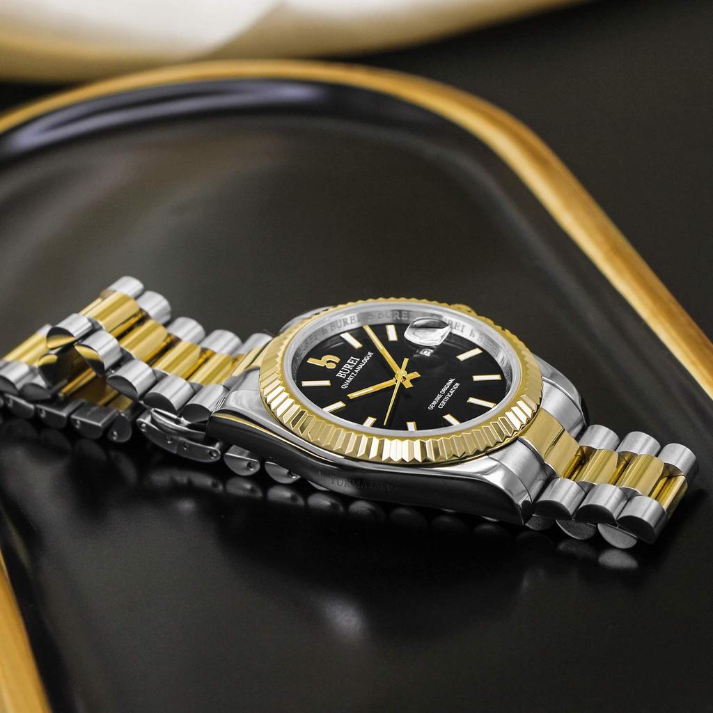 Часы модные простые золотые серебряные черные водонепроницаемые кварцевые часы мужские часы для подарка на день рождения [BUREI] мужские