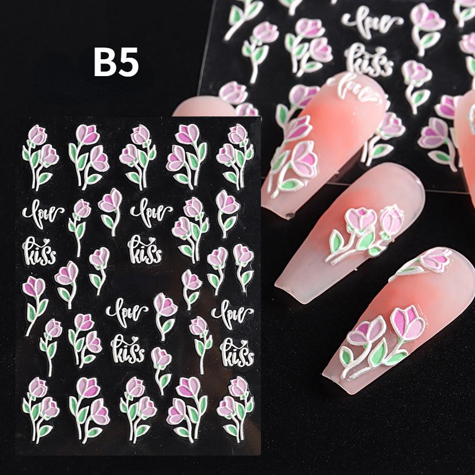 5D Flower Nail Stickers,3D Embossed Flower Nail Stickers Self Adhesive Nail Art Stickers 5D Flower Nail Design Nail Supplies DIY Nail Decoration