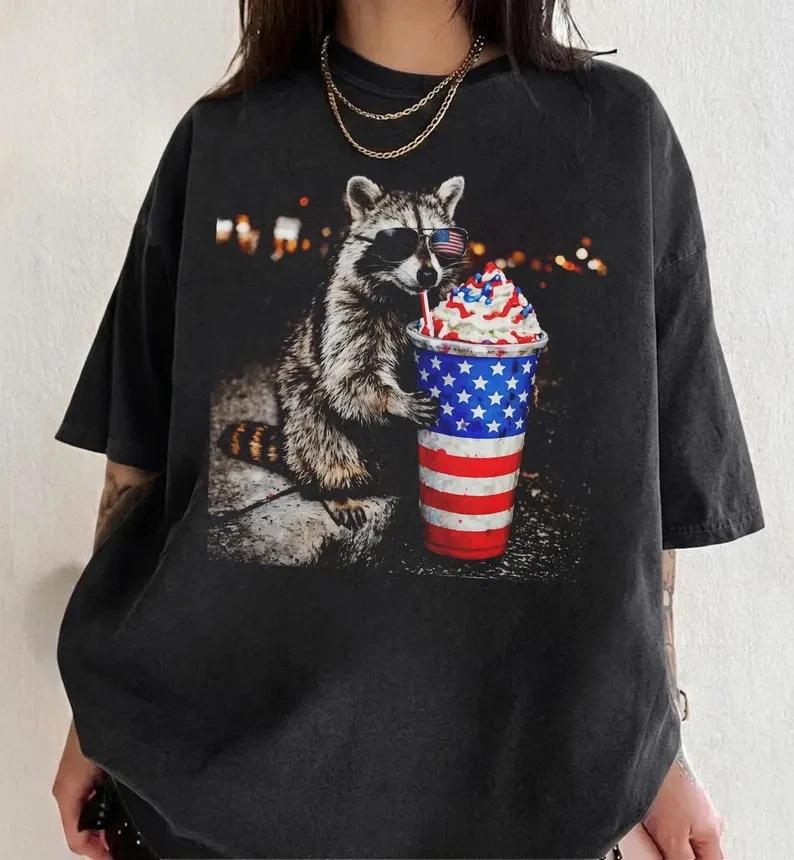 Funny Raccoon Drinking Coffee Shirt Meme Animal Tee