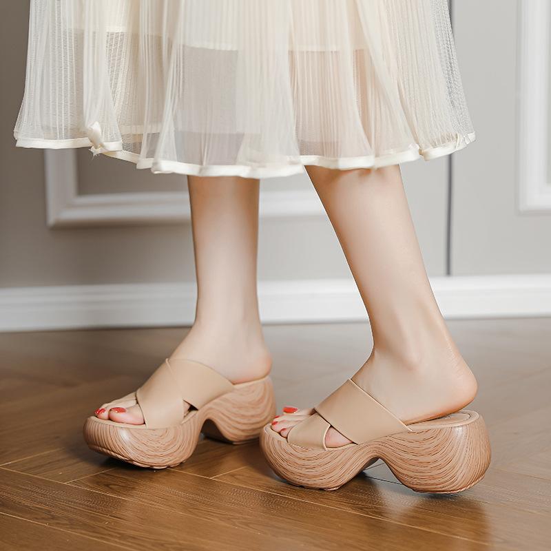 Summer new island style one-word drag thick-soled wedge heel cross-strapped slippers women's retro comfortable outer beach shoes