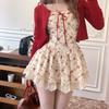 Sweet Floral Dress Set Woman Casual Red Short Cardigan Elegant Lace Mini Dress Female Korean Prairie Chic Clothing Suit