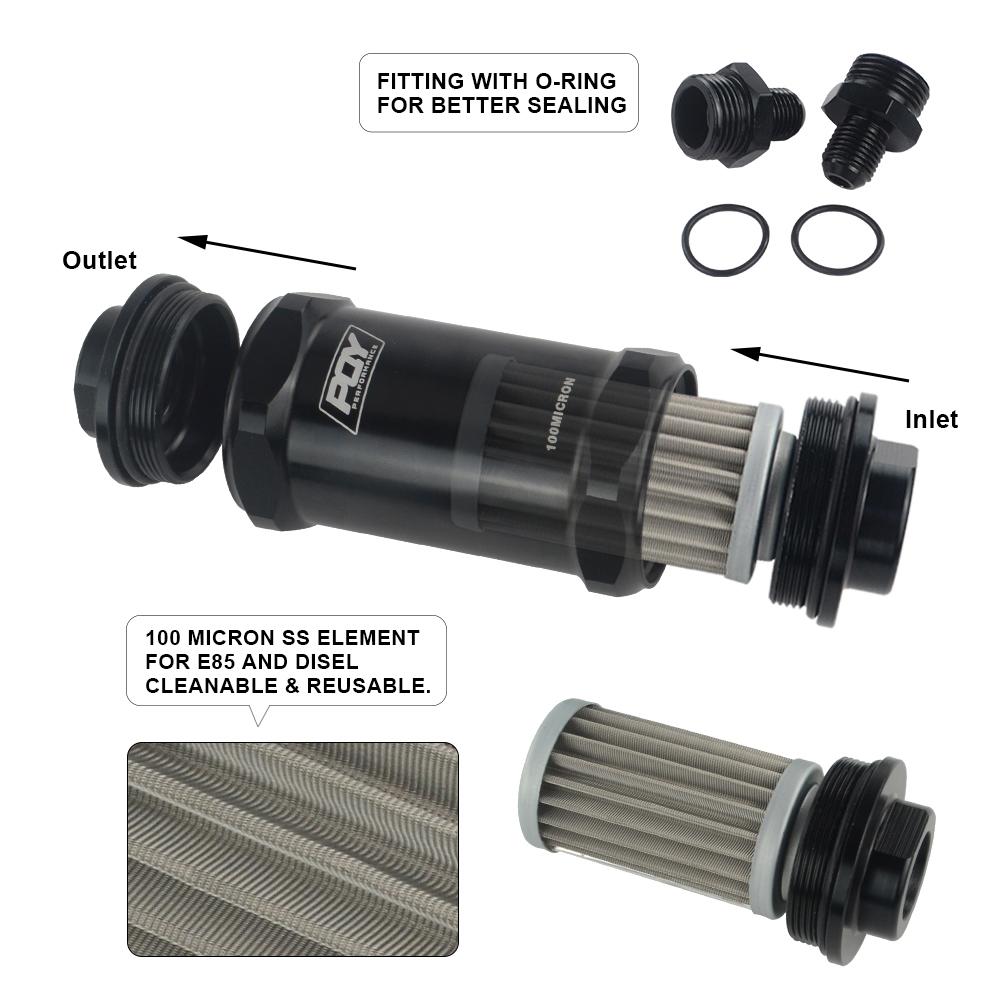 VR - PQY BLACK AN6 / AN8 / AN10 Inline Fuel Filter E85 Ethanol With 100 Micron Stainless steel element and PQY sticker Fuel Filters5
