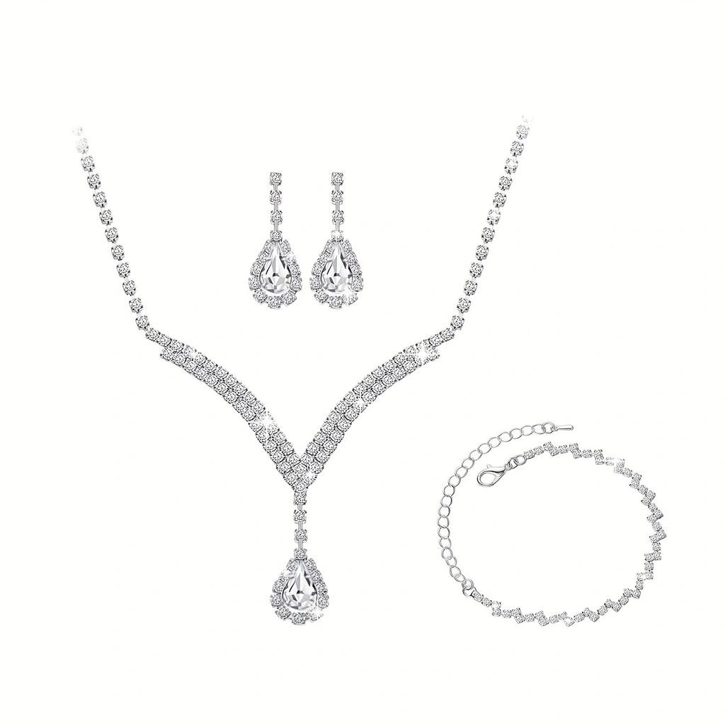 Bridal Party Jewelry Set With Zircon Water Drop Necklace Earrings And Bracelet For Weddings