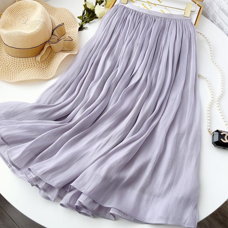 Women Elegant Midi Pleated Skirts Women Korean High Waist Summer Ladies Satin Maxi Skirt Female Faldas