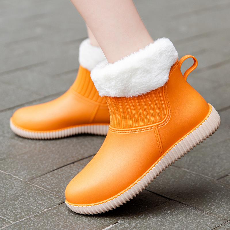 Fashion Rain Shoes Women's Non-slip Kitchen Rubber Shoes Fleece Warm Outside Rain Boots Versatile Waterproof Car Wash Shoes