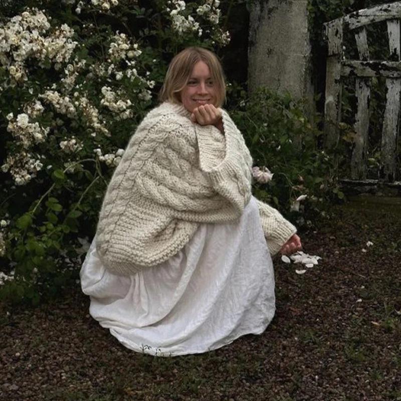 Elegant Solid Knitted Sweaters for Women Casual Oversize Long Lantern Sleeve Pullovers  Autumn O Neck Lady Jumper Tops