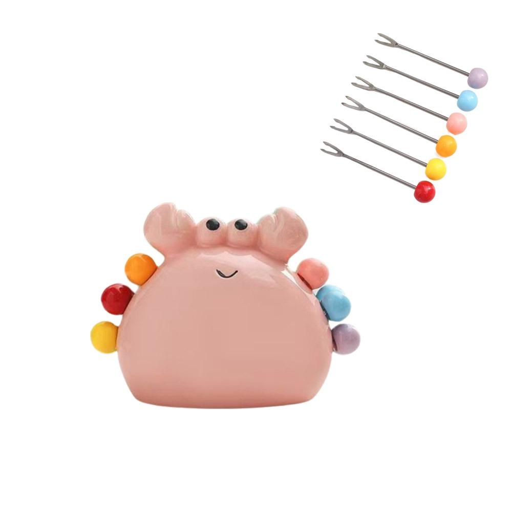 Stainless Steel Crab Fruit Fork Colorful Decorative Fruit Cake Sausage Fork Cute with Storage Jar Dessert Forks for Home