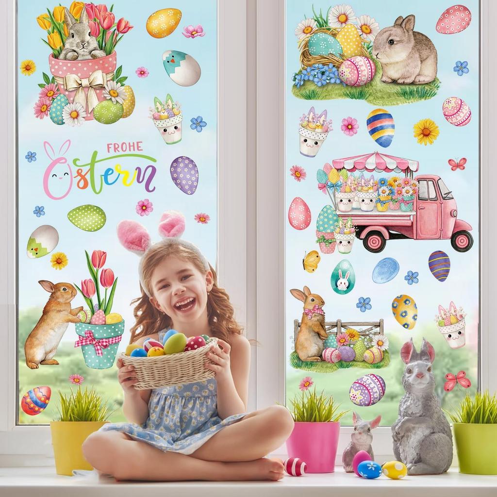 9 Sheets Summer Window Clings Stickers Double-Sided Window Decals Tropical Flamingo Green Plants Coconut Tree Designs Summer Hawaii Colorful Flower