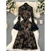 Fancy Adult Lady like Woman Wear Sexy See-through Mesh Flared Sleeves Retro Print Silm Split Fishtail Skirt Dress
