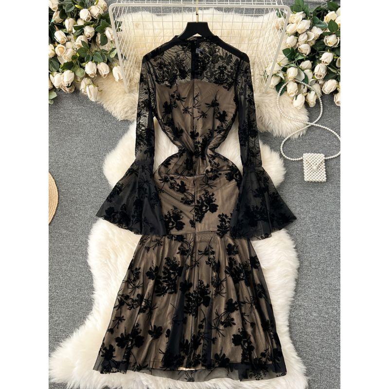 Fancy Adult Lady like Woman Wear Sexy See-through Mesh Flared Sleeves Retro Print Silm Split Fishtail Skirt Dress