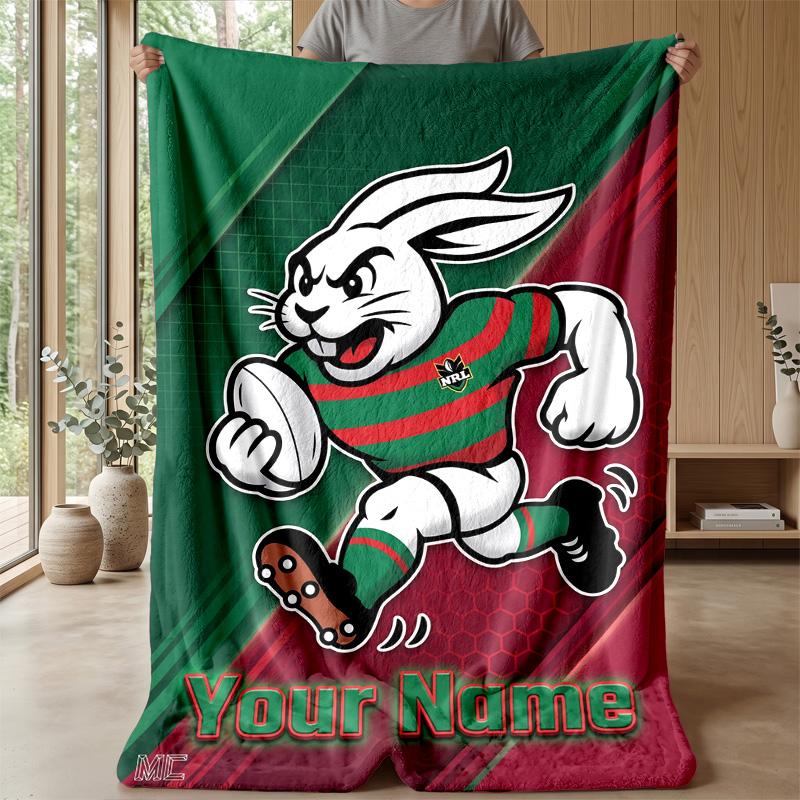 South Sydney Rabbitohs Custom Flannel Throw Blanket Print Your Name Text Soft Warm Blanket Holiday Present