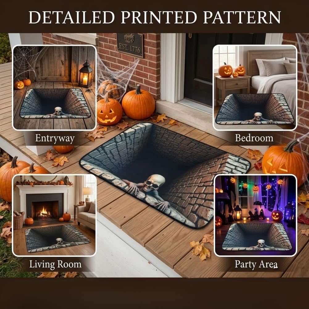Halloween 3D Rug Spooky Skeleton Illusion Floor Mat For Home Decor Non-Slip Floor Skeleton Mat For Bedrooms Living Rooms Entryways And Parties