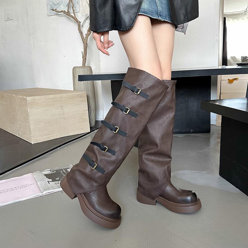 2024 Новые сапоги для снега до колена в стиле панк для женщин, высокие сапоги, трендовая зимняя обувь, новые дизайнерские туфли, модные, массивные, повседневные, мотоциклетные