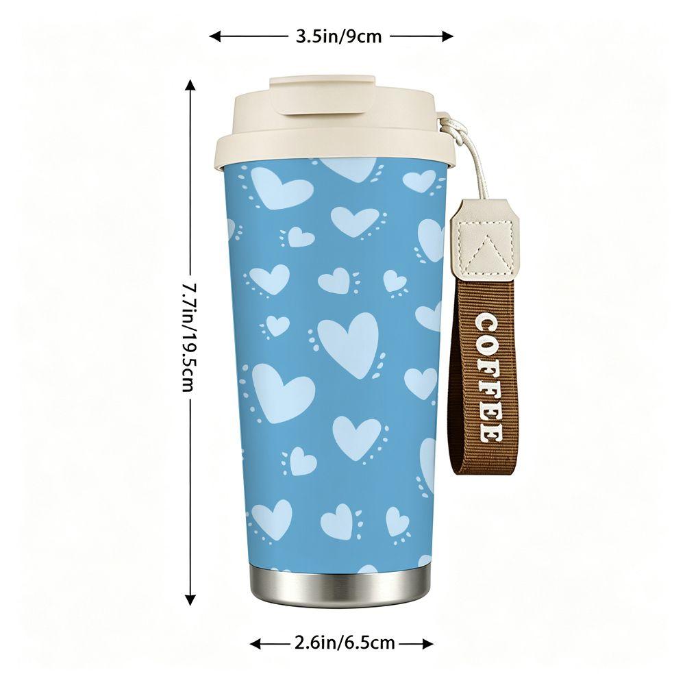 Cute Blue Heart Pattern Insulated Coffee Tumbler Stainless Steel Vacuum Travel Mug Reusable Hot Cold Drink Cup for Office Gift