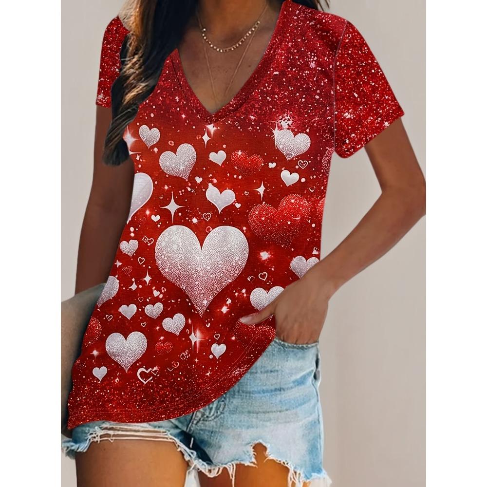 Glitter Valentine's Day Heart Short Sleeve V-Neck Printed Top