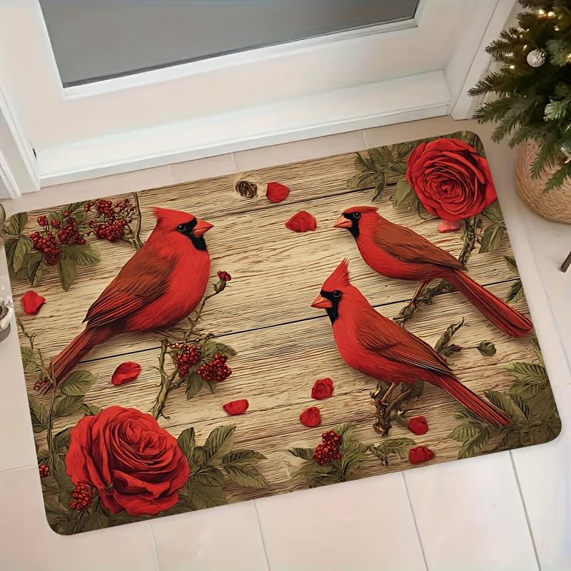 1pc Flannel Doormat, Cardinal Bird and Red Rose with Wood Grain Texture, Entrance Mat, Non-Slip Absorbent Bathroom Foot Mat, Bedroom Decorative Bedsid