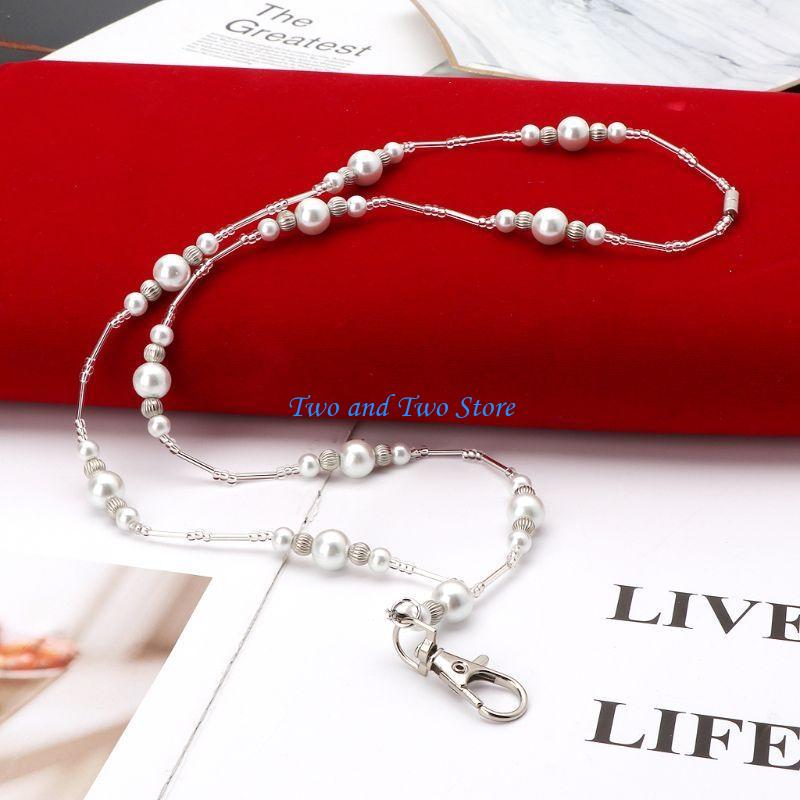 HX6F Lightweight White Pearls Bead Chain Lanyard Necklace Badge Holder Hollow Beads Necklace Fashion Jewelry Decor