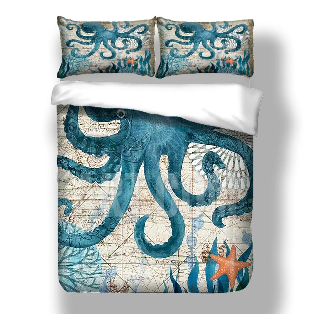 3D Starfish,Seaweed Duvet Cover+pillow Case Print Octopus Winter Home Bedding Set King Size Breathable Quilt Cover Set Blue AQ