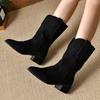 Retro Fashion Embroidered Women's Boots Flock Pointed Toe Square Heel Women Shoes Large Size 35-43 Khaki Casual Mid-Calf Boots