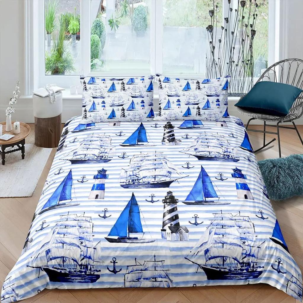 Vintage Nautical Anchor Duvet Cover Set Sailing Lighthouse Bedding Cover With Pillowcase Quilt Cover Three-Piece Set